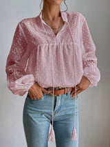 Women's Solid Color Split Neck With Ties Long Sleeve Lace Trim Blouse