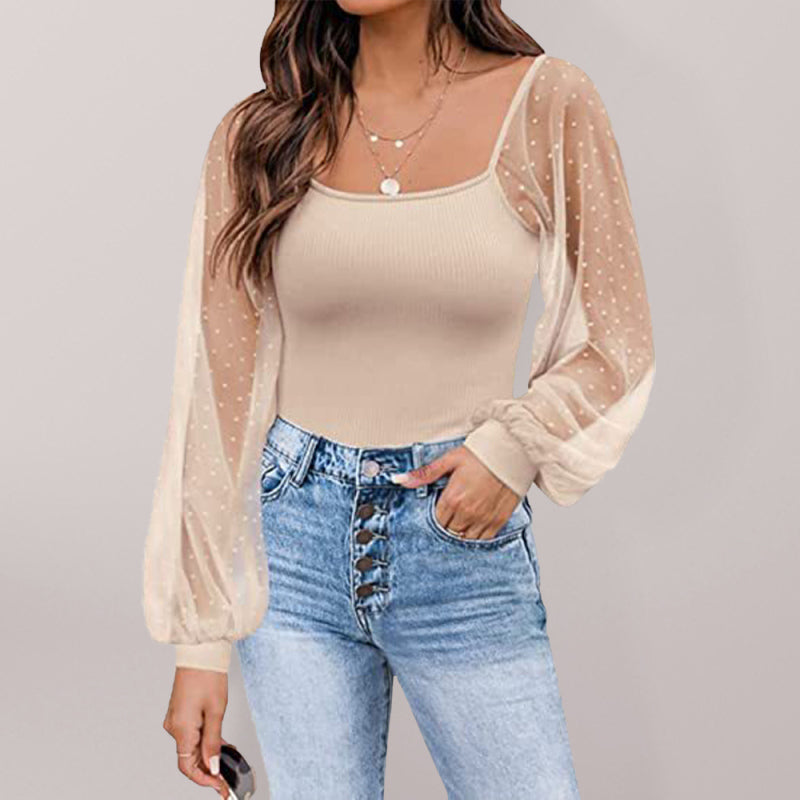 Women’s Solid Color Polka Dot Lace Sleeve Top