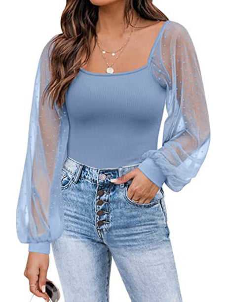 Women’s Solid Color Polka Dot Lace Sleeve Top