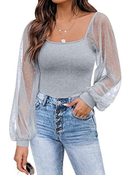 Women’s Solid Color Polka Dot Lace Sleeve Top