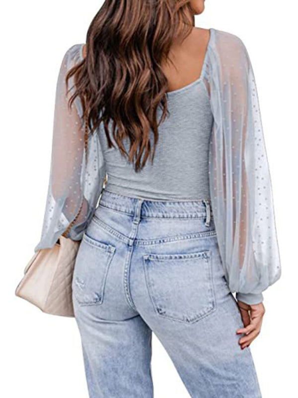 Women’s Solid Color Polka Dot Lace Sleeve Top