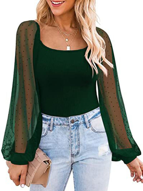 Women’s Solid Color Polka Dot Lace Sleeve Top