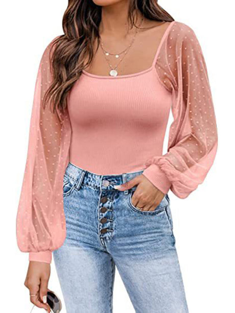 Women’s Solid Color Polka Dot Lace Sleeve Top