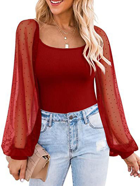 Women’s Solid Color Polka Dot Lace Sleeve Top