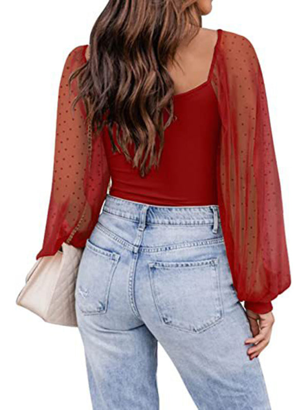 Women’s Solid Color Polka Dot Lace Sleeve Top