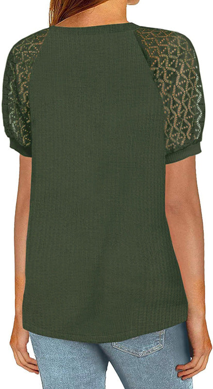 Women’s Solid Color Puff Lace Sleeve Waffle Knit Top