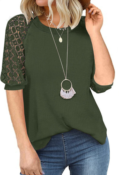Women’s Solid Color Puff Lace Sleeve Waffle Knit Top