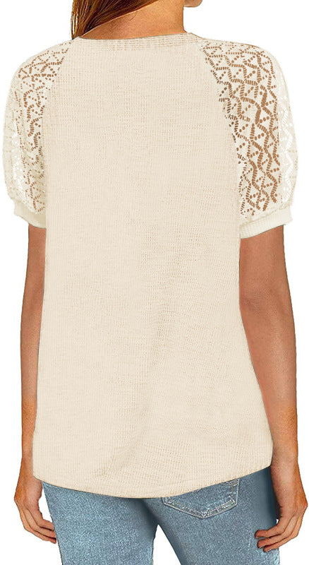 Women’s Solid Color Puff Lace Sleeve Waffle Knit Top