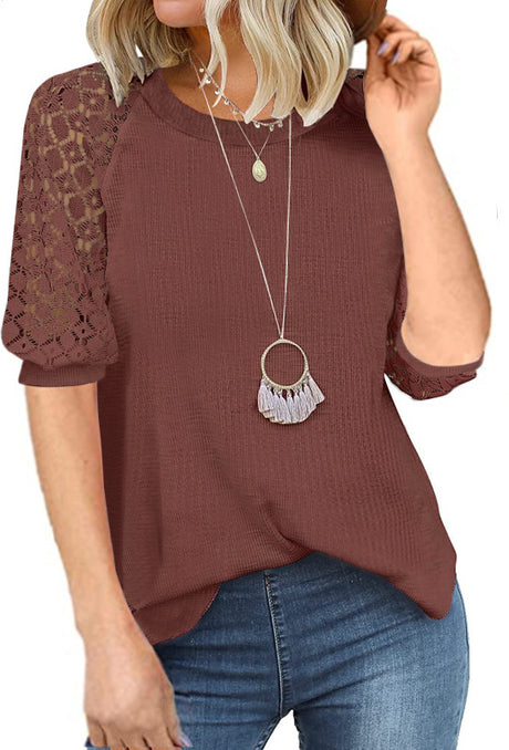 Women’s Solid Color Puff Lace Sleeve Waffle Knit Top