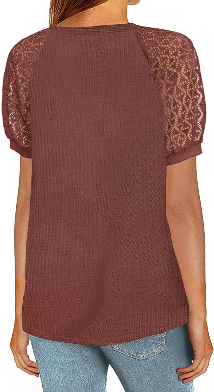 Women’s Solid Color Puff Lace Sleeve Waffle Knit Top