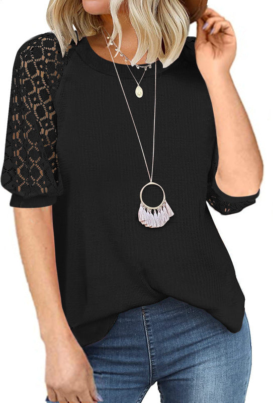 Women’s Solid Color Puff Lace Sleeve Waffle Knit Top