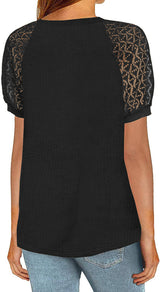Women’s Solid Color Puff Lace Sleeve Waffle Knit Top