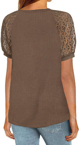 Women’s Solid Color Puff Lace Sleeve Waffle Knit Top