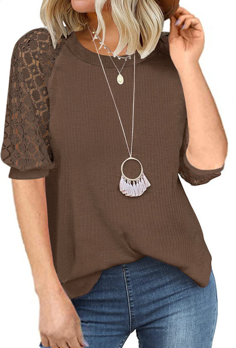 Women’s Solid Color Puff Lace Sleeve Waffle Knit Top