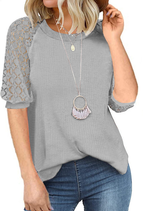 Women’s Solid Color Puff Lace Sleeve Waffle Knit Top