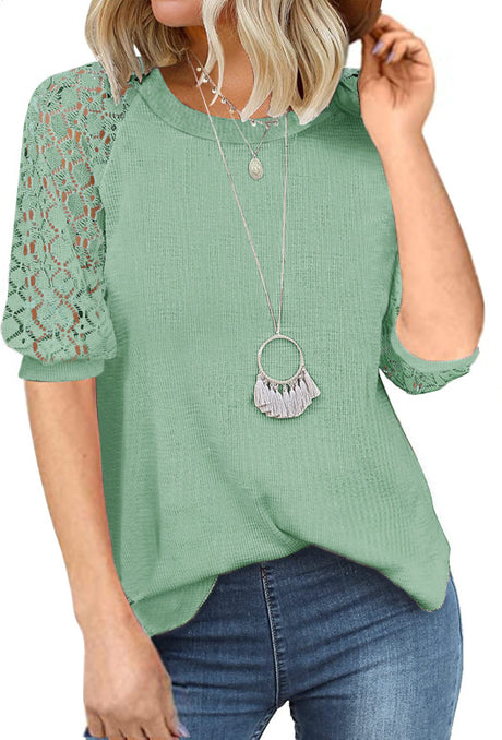 Women’s Solid Color Puff Lace Sleeve Waffle Knit Top