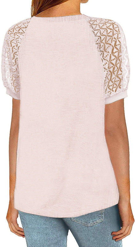 Women’s Solid Color Puff Lace Sleeve Waffle Knit Top