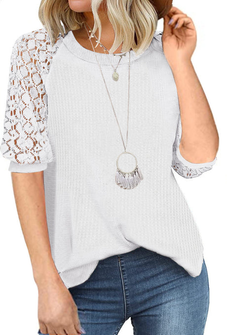 Women’s Solid Color Puff Lace Sleeve Waffle Knit Top