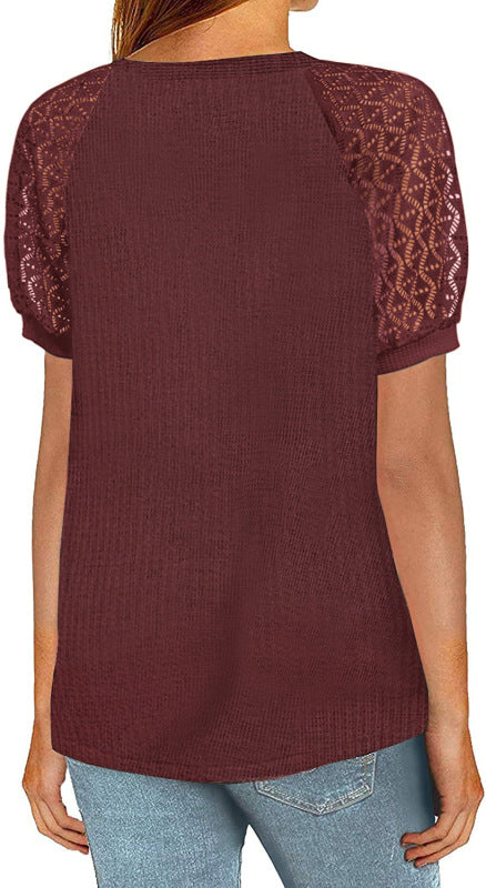 Women’s Solid Color Puff Lace Sleeve Waffle Knit Top