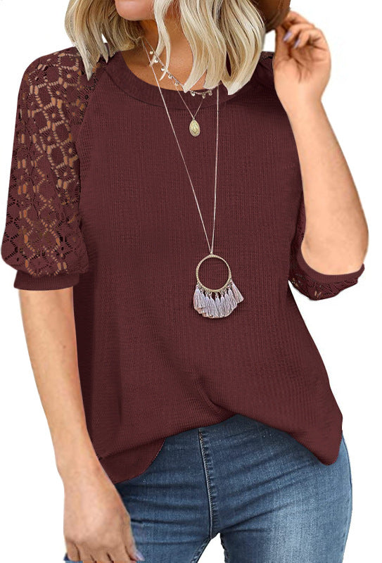 Women’s Solid Color Puff Lace Sleeve Waffle Knit Top