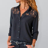 Women's Solid Color Long Sleeve Top With Lace Sleeves And Yoke Shirt