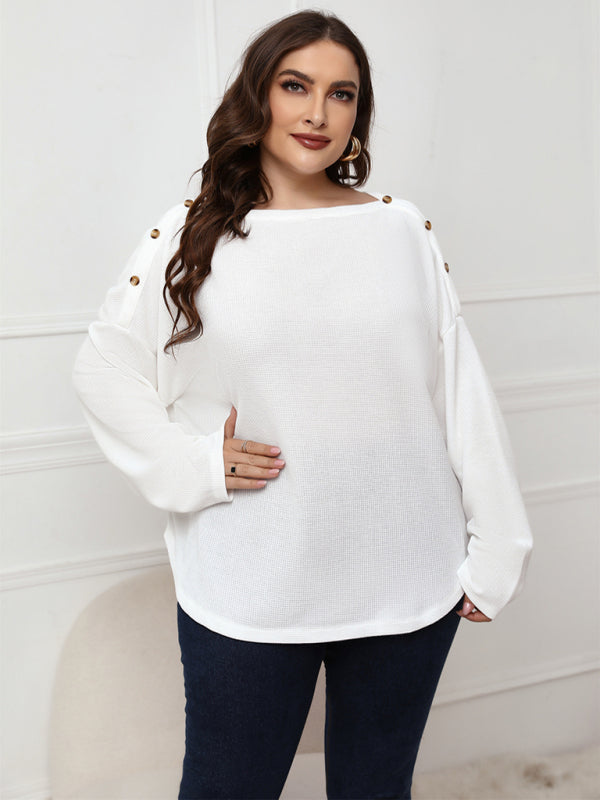 Women's Solid Color Off Neck Plus Size Long Sleeve Top