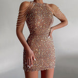 Women's Sequin Chain Beads Shoulder Straps Body-con Minidress