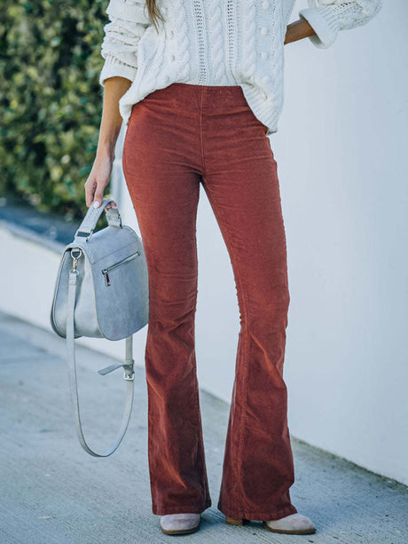 Women's Solid Color Pull On Flared Leg Corduroy Pants