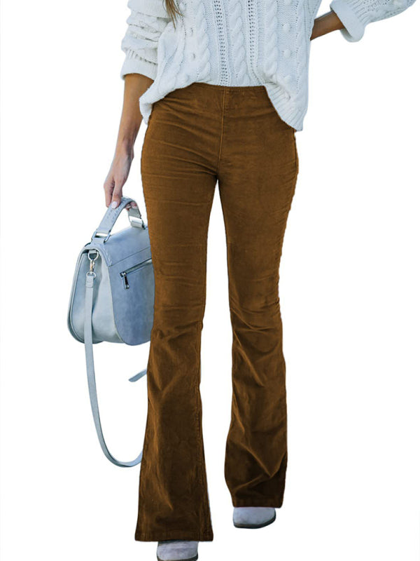 Women's Solid Color Pull On Flared Leg Corduroy Pants