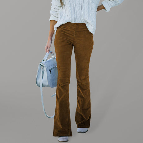 Women's Solid Color Pull On Flared Leg Corduroy Pants