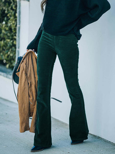 Women's Solid Color Pull On Flared Leg Corduroy Pants