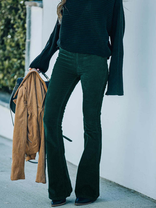 Women's Solid Color Pull On Flared Leg Corduroy Pants