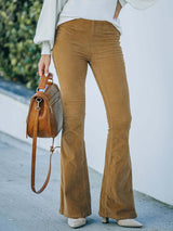 Women's Solid Color Pull On Flared Leg Corduroy Pants