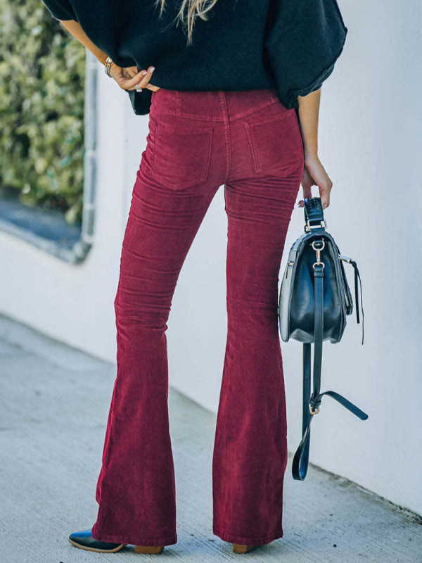 Women's Solid Color Pull On Flared Leg Corduroy Pants