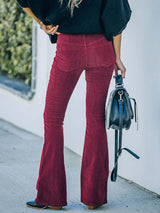 Women's Solid Color Pull On Flared Leg Corduroy Pants
