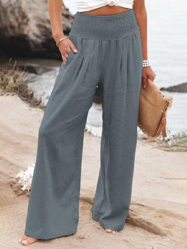 Women's Solid Color Smocked Waist Side-seam Pockets Wide Leg Pants