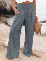 Women's Solid Color Smocked Waist Side-seam Pockets Wide Leg Pants