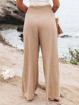 Women's Solid Color Smocked Waist Side-seam Pockets Wide Leg Pants