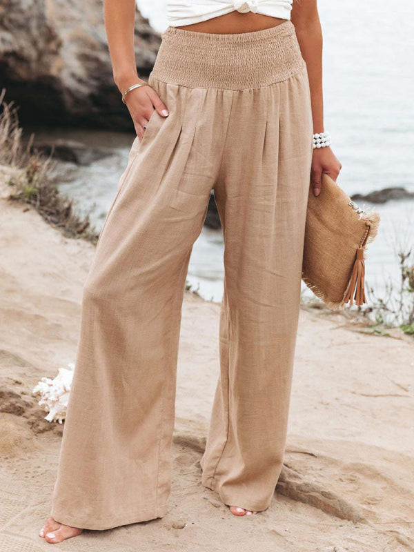 Women's Solid Color Smocked Waist Side-seam Pockets Wide Leg Pants