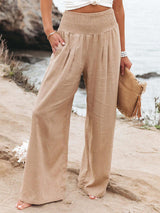 Women's Solid Color Smocked Waist Side-seam Pockets Wide Leg Pants