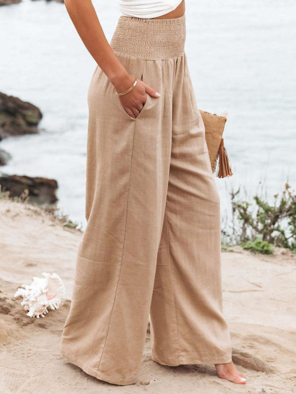 Women's Solid Color Smocked Waist Side-seam Pockets Wide Leg Pants