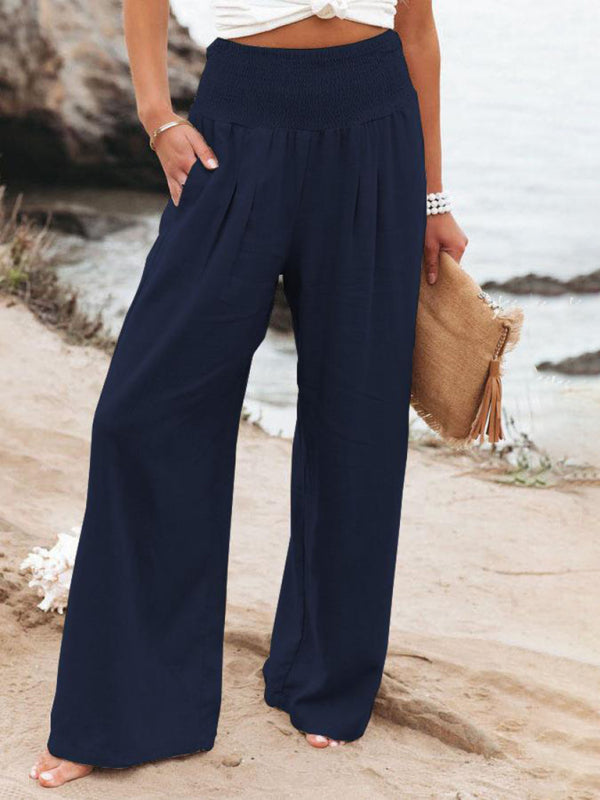 Women's Solid Color Smocked Waist Side-seam Pockets Wide Leg Pants