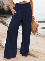 Women's Solid Color Smocked Waist Side-seam Pockets Wide Leg Pants