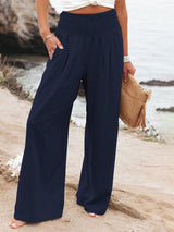 Women's Solid Color Smocked Waist Side-seam Pockets Wide Leg Pants