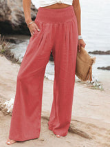 Women's Solid Color Smocked Waist Side-seam Pockets Wide Leg Pants