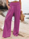 Women's Solid Color Smocked Waist Side-seam Pockets Wide Leg Pants