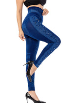 Women's Solid Color High Waist Studded Waist Detail Pull On Leggings