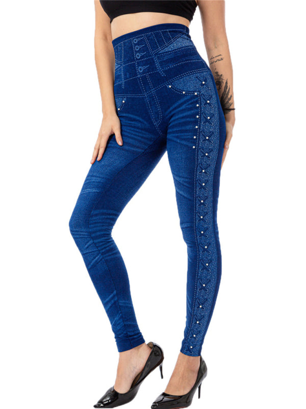 Women's Solid Color High Waist Studded Waist Detail Pull On Leggings