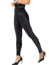 Women's Solid Color High Waist Studded Waist Detail Pull On Leggings