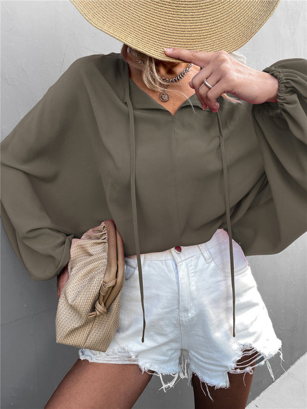Women's Solid Color Tie Neck Balloon Sleeve Blouse